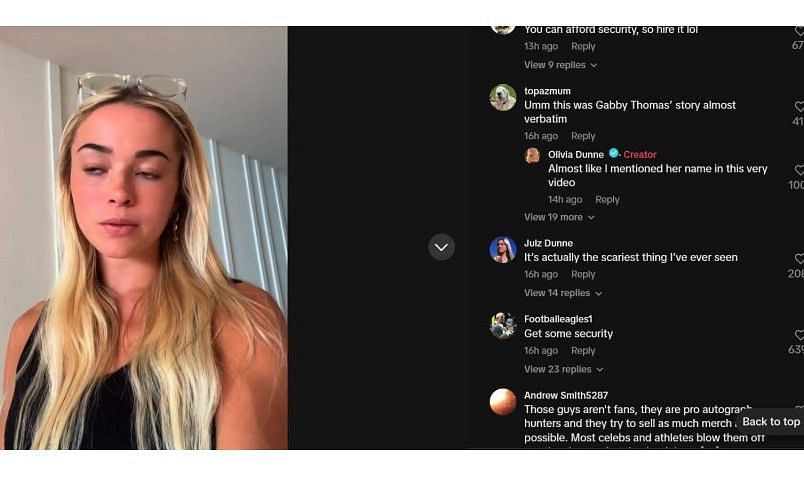 Screenshot of Olivia Dunne's TikTok post featuring Julz Dunne's comment | Source: TikTok/@livvy